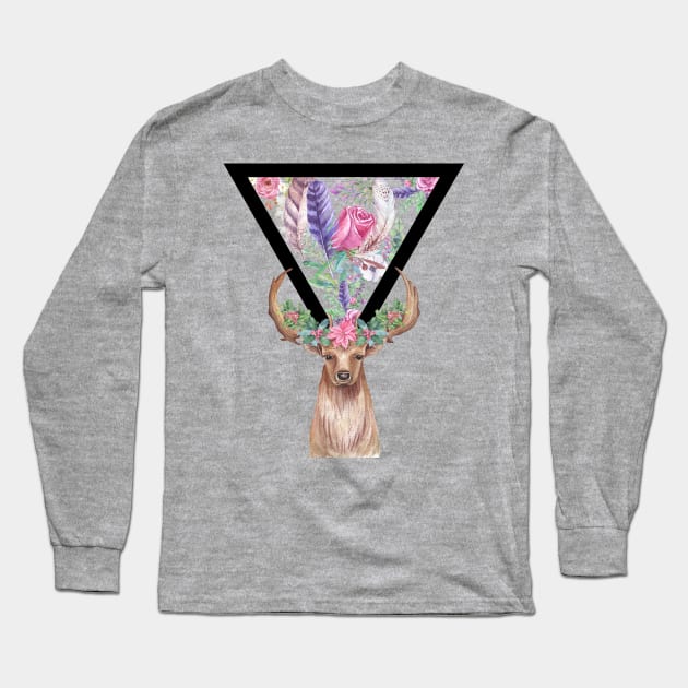 Triangle, Deer, Flowers Long Sleeve T-Shirt by TheBlackCatprints